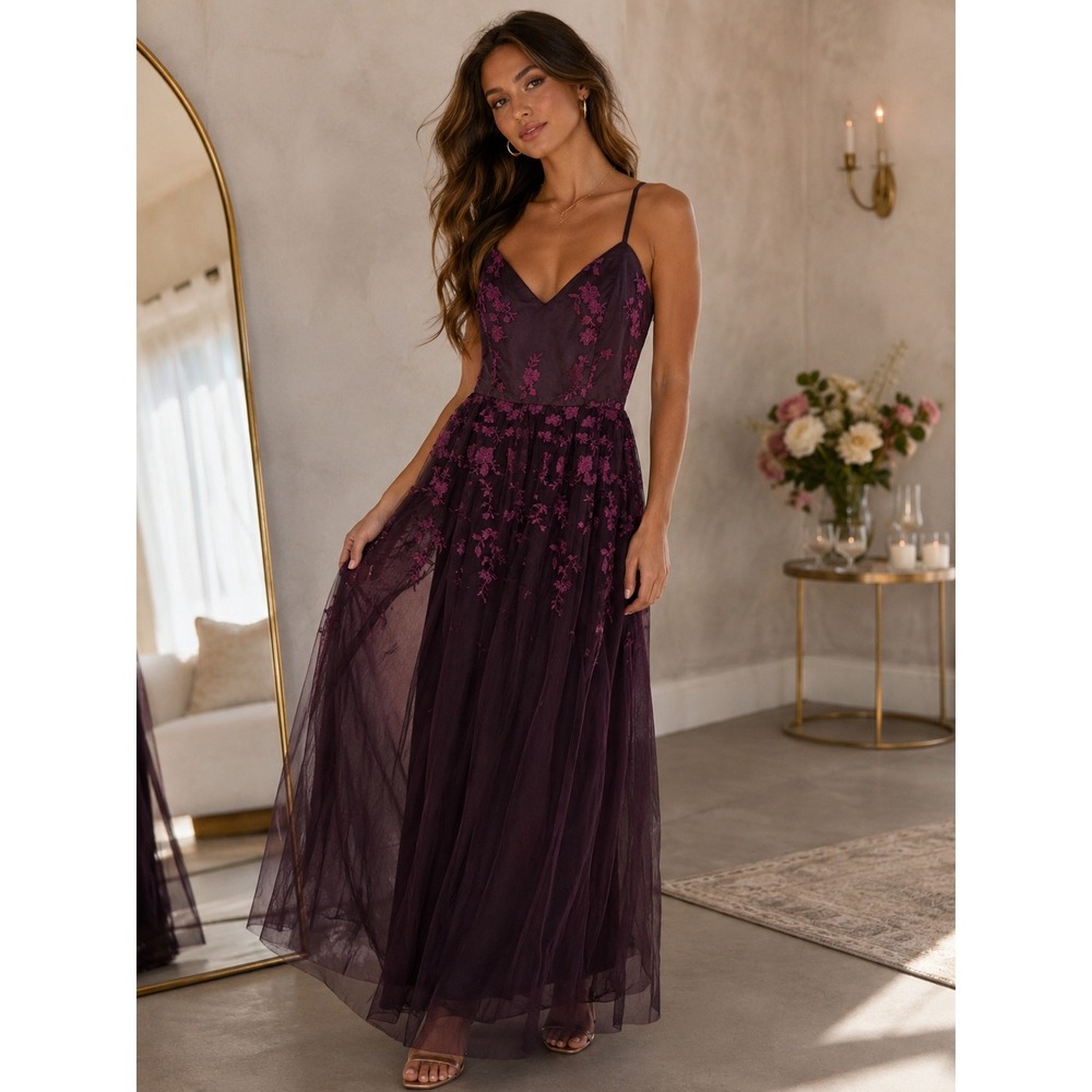 NWT Lulus Plum Purple Floral Embroidered Tulle Maxi Dress Size Large